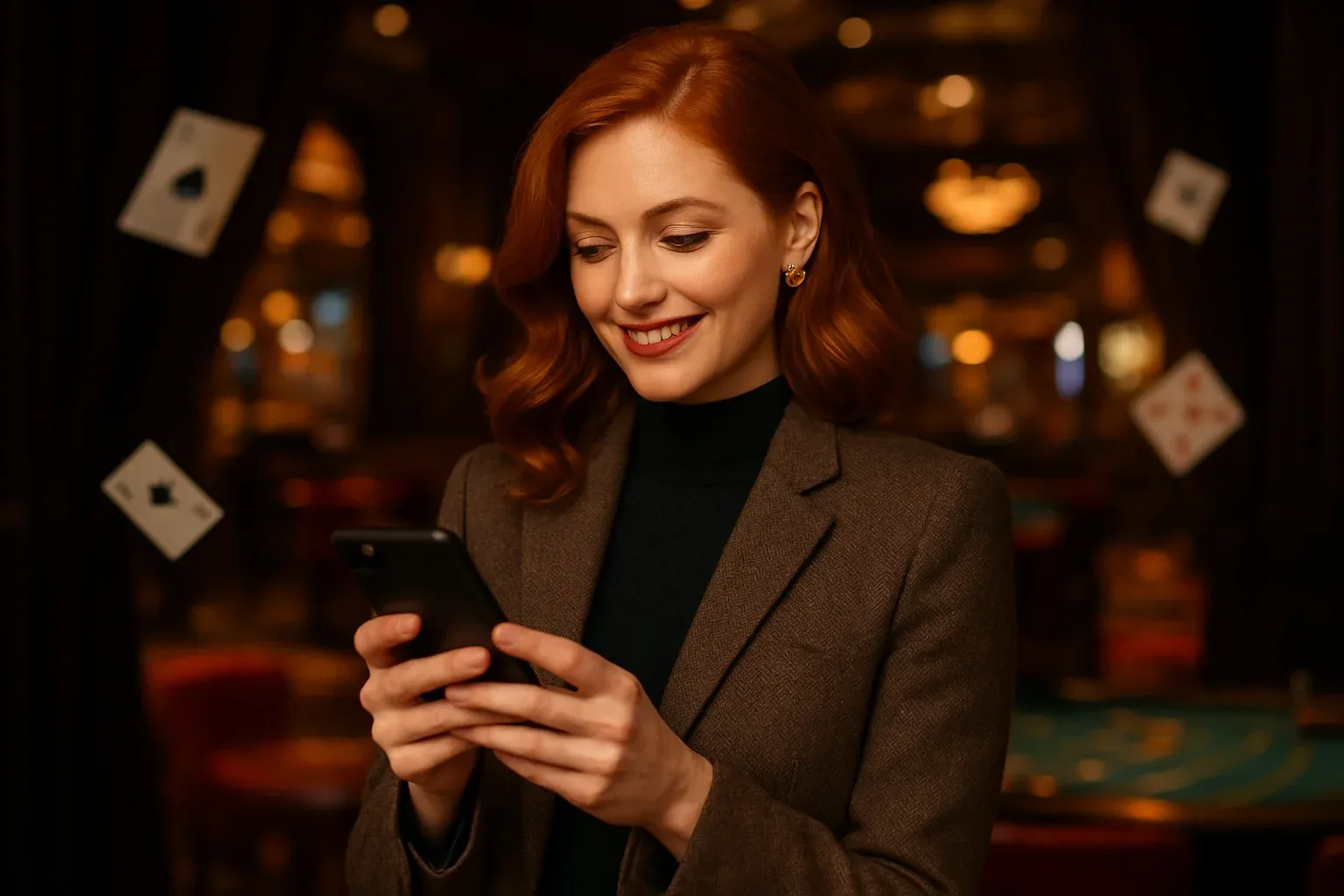 Fashionable British woman checking phone in London casino bar at golden hour