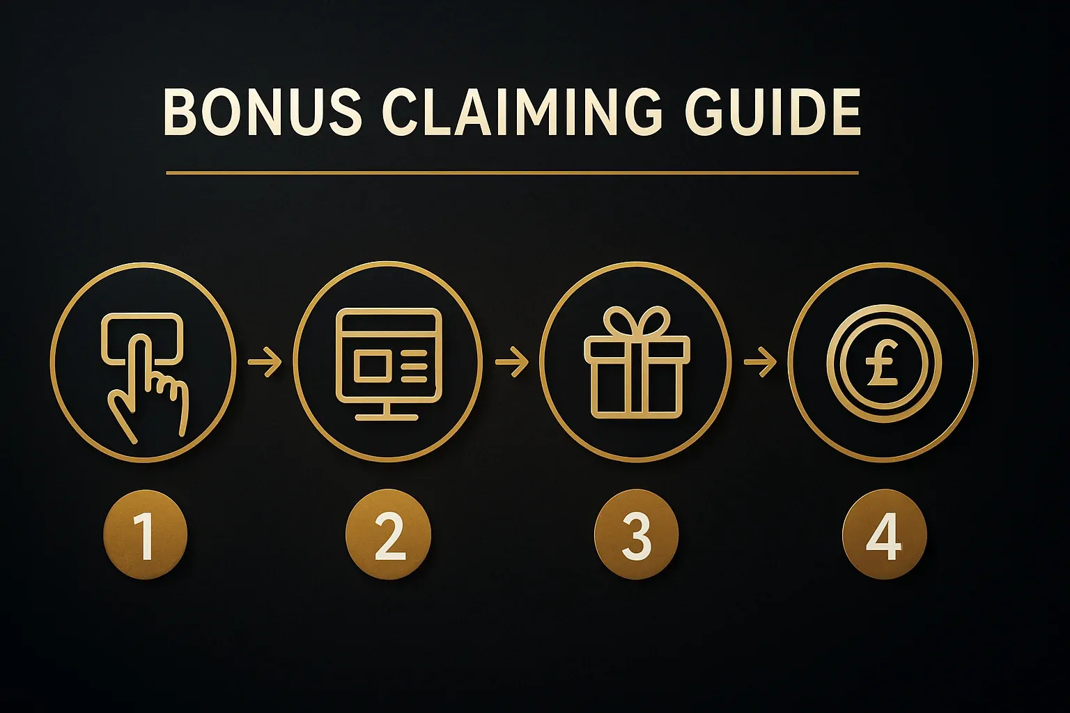 Four-step bonus claiming infographic with numbered circles, arrows, gold accents