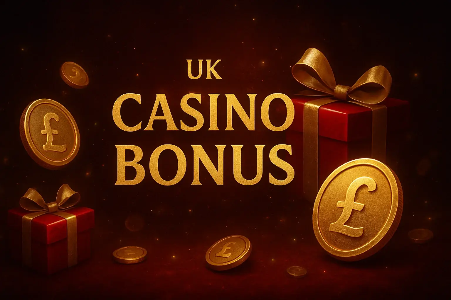 UK casino bonus banner with golden coins, gift boxes and pound symbols
