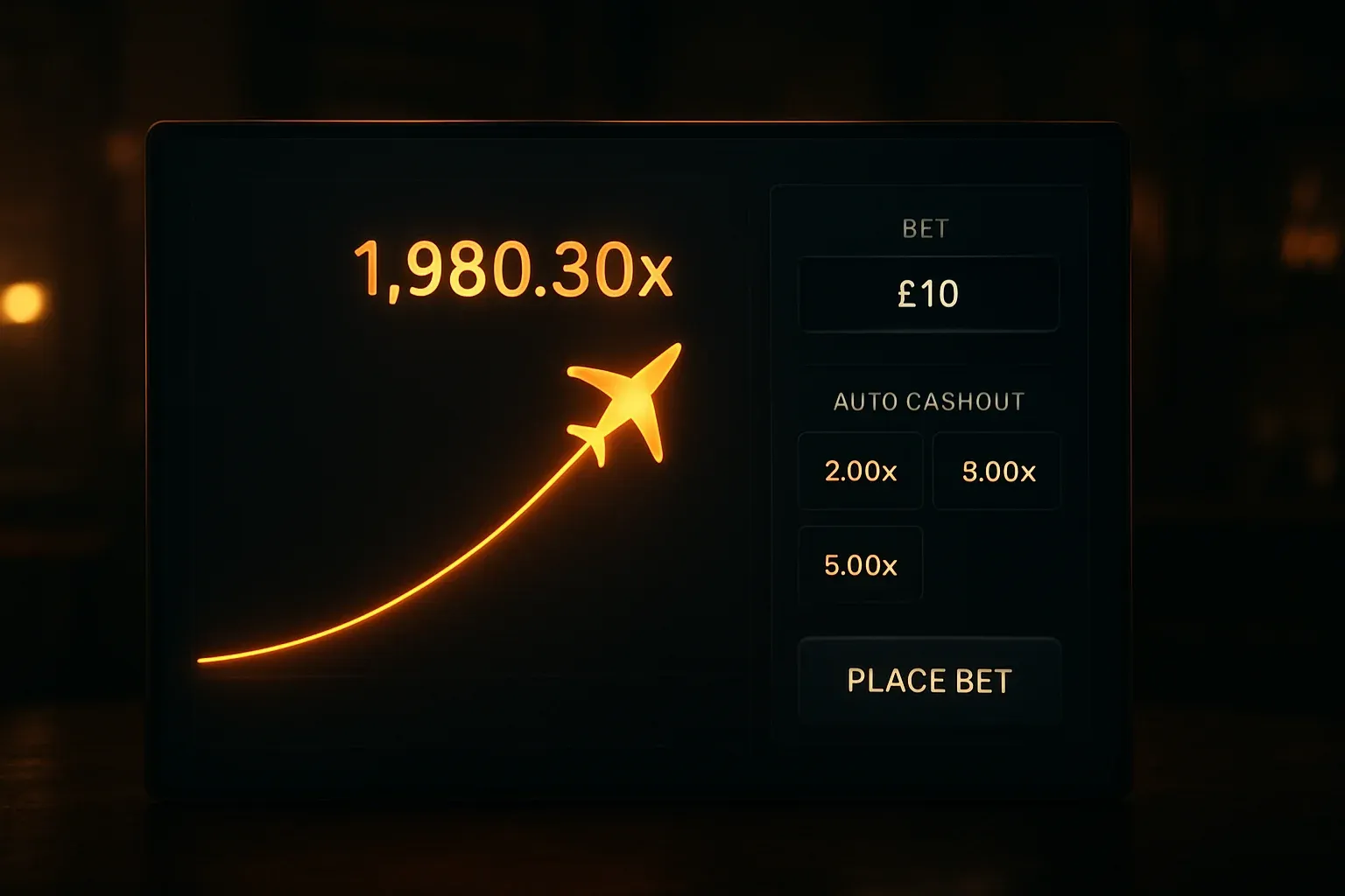 Modern crash game UI with aircraft trajectory multiplier curve and bet controls