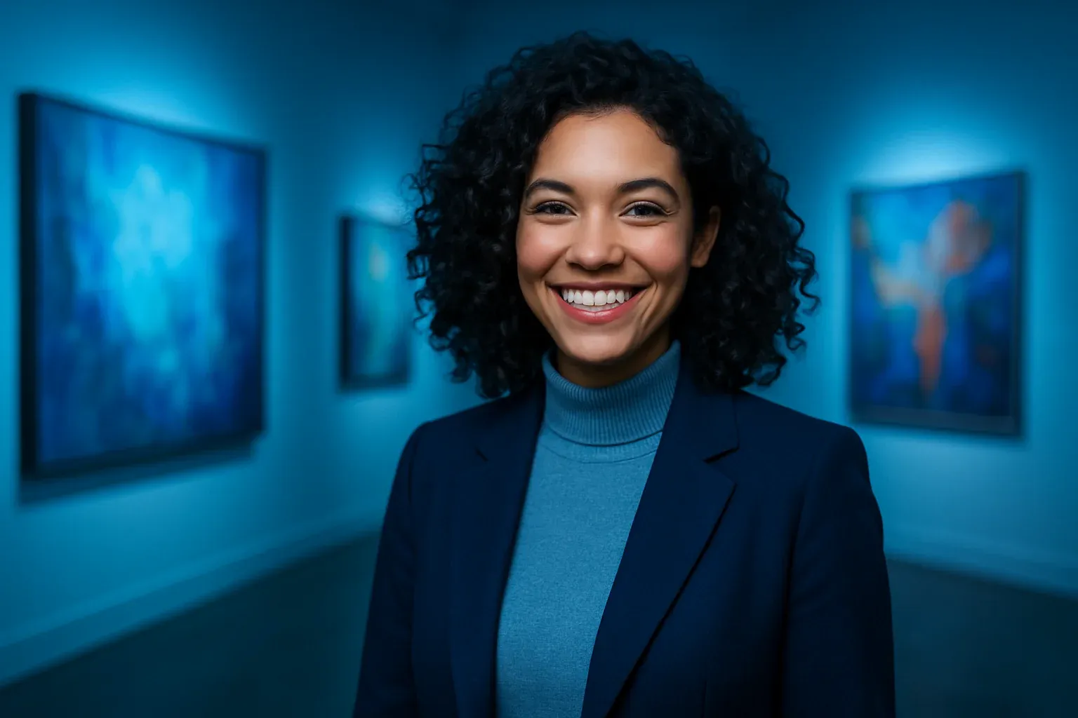 Fashionable British woman smiling in London art gallery with modern paintings