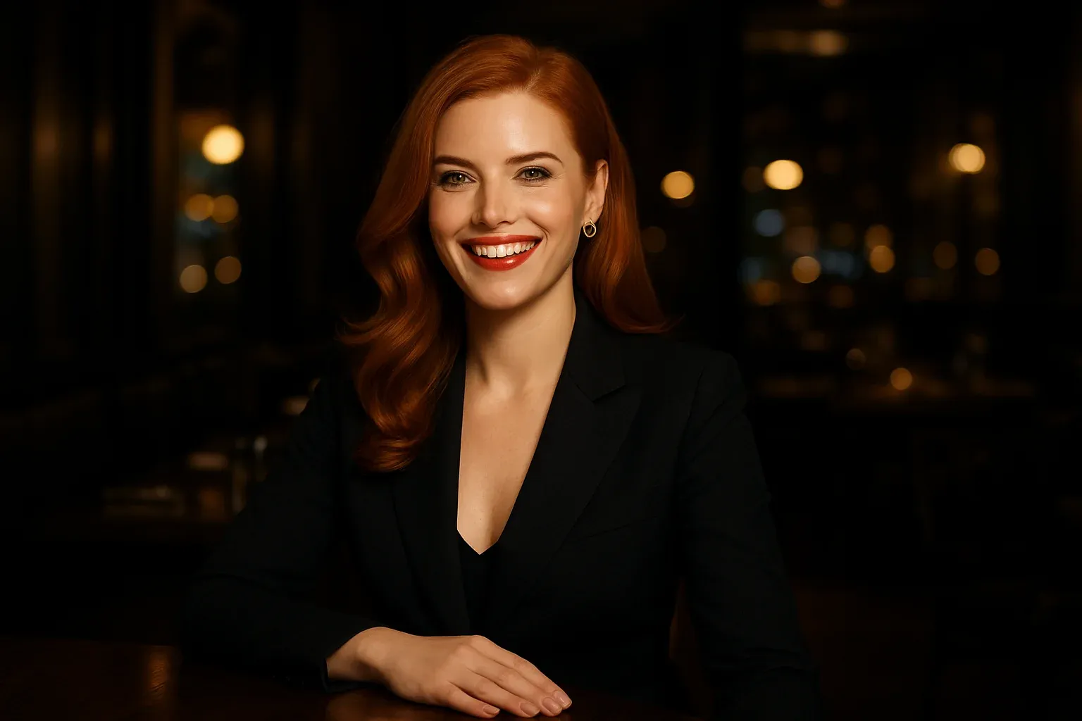 Glamorous British woman with auburn hair in upscale London restaurant