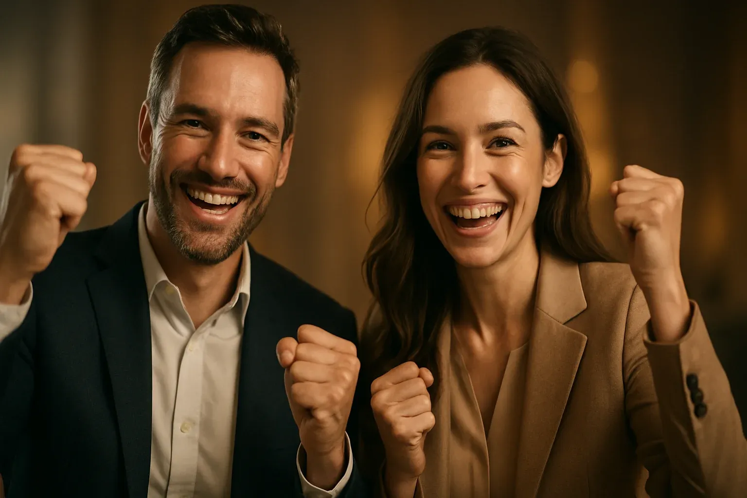 Photorealistic portrait of smiling man and woman celebrating in warm light