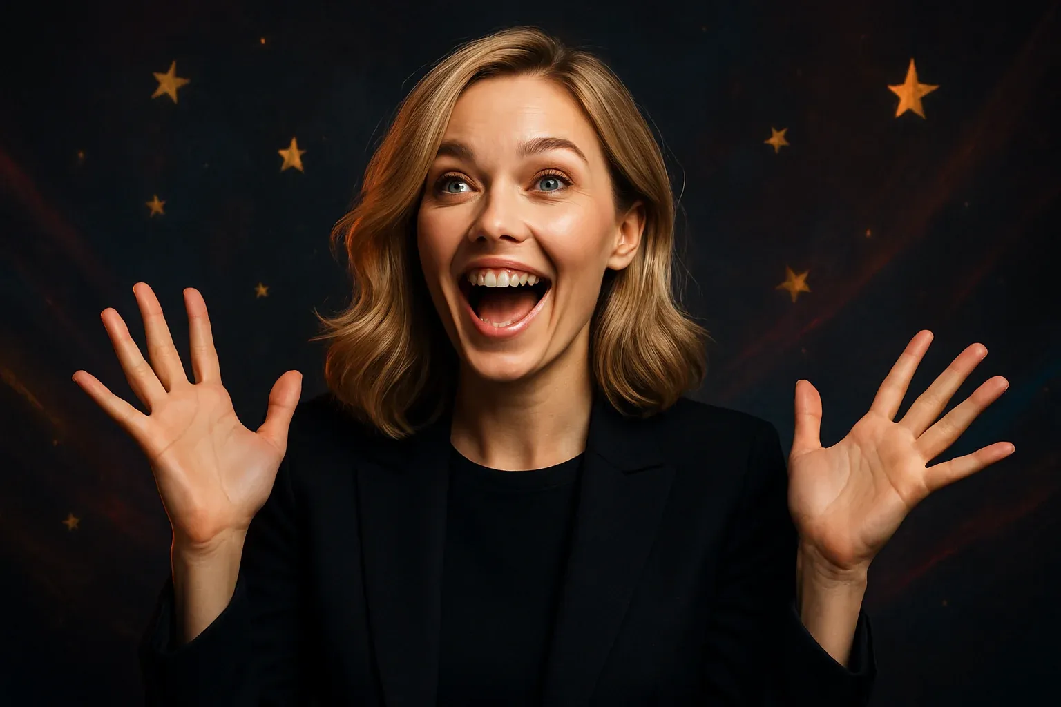 Fashionable British woman with honey blonde hair, excited, golden stars background