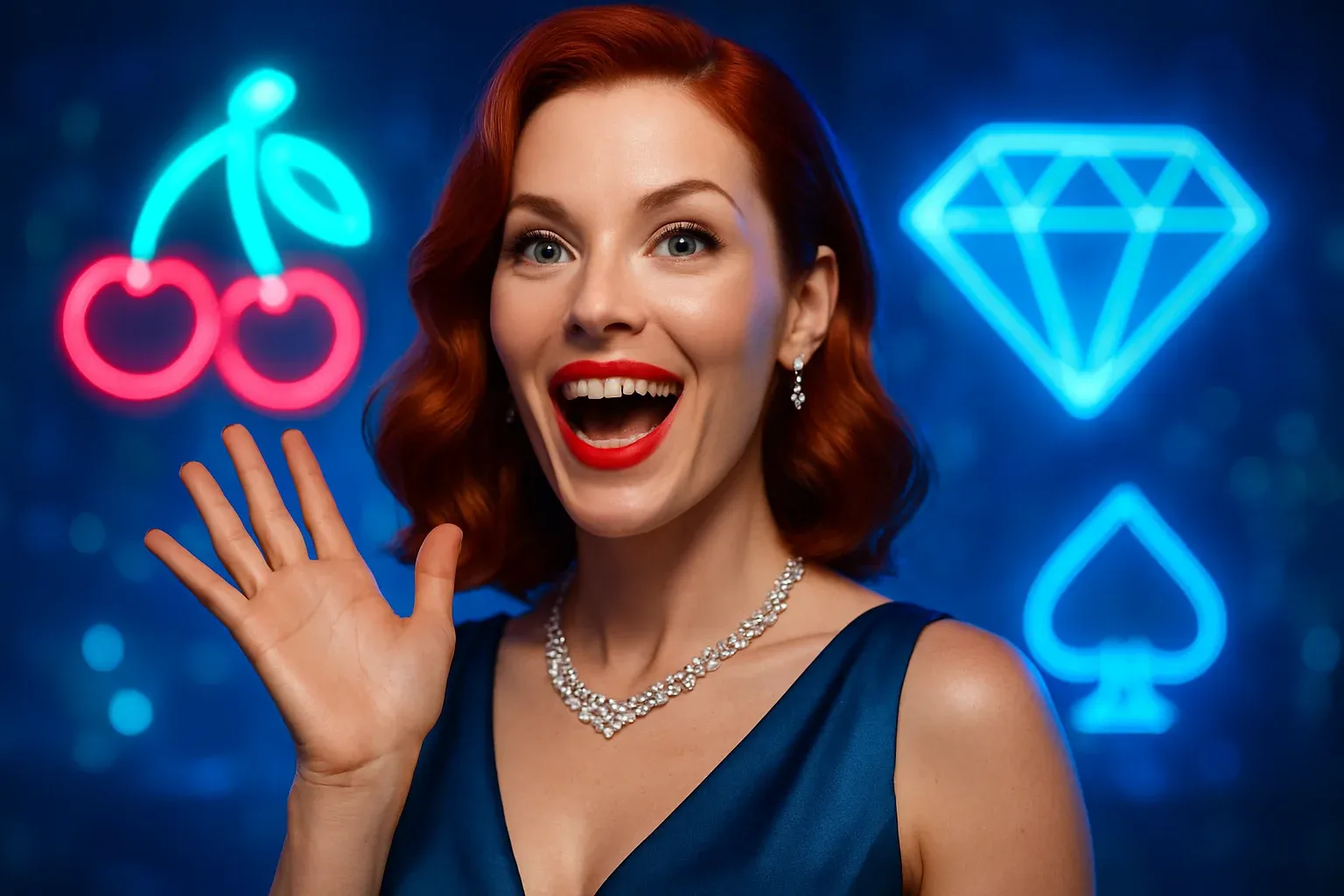 Glamorous British red-haired woman in elegant attire with casino symbols background