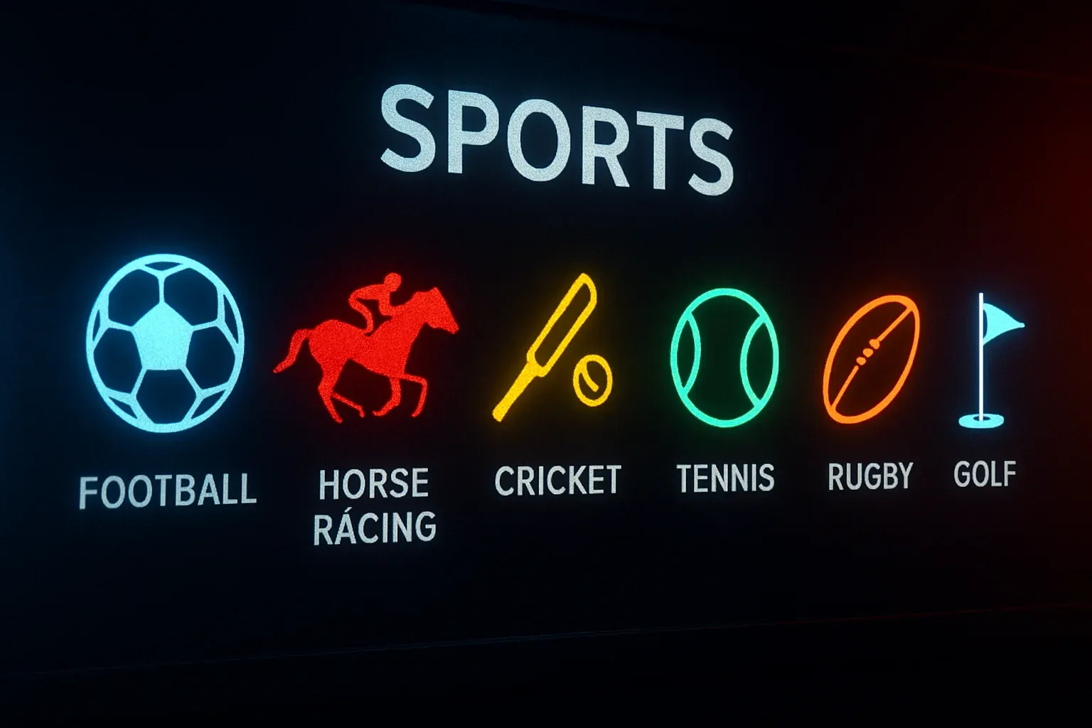 UK sports betting markets display with vivid sport icons on dark background